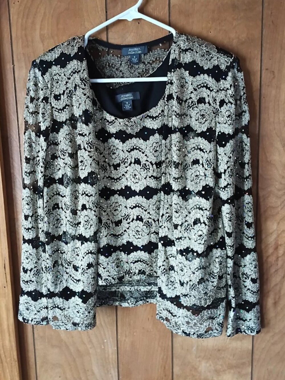 Dressbarn Collection 2 Piece Lace Top & Open Front Jacket Set Size 6 Black Gold